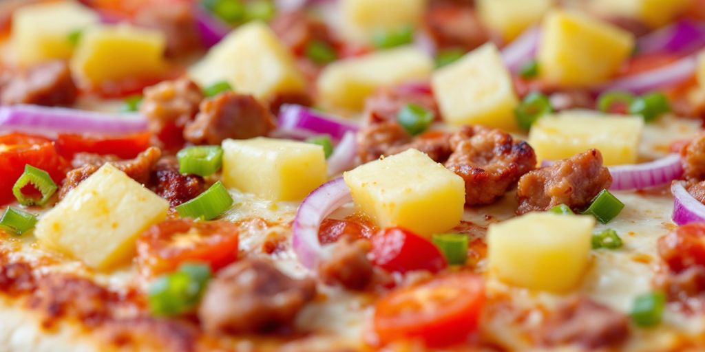 Close-up of veggie pizza with pineapple and meat toppings.