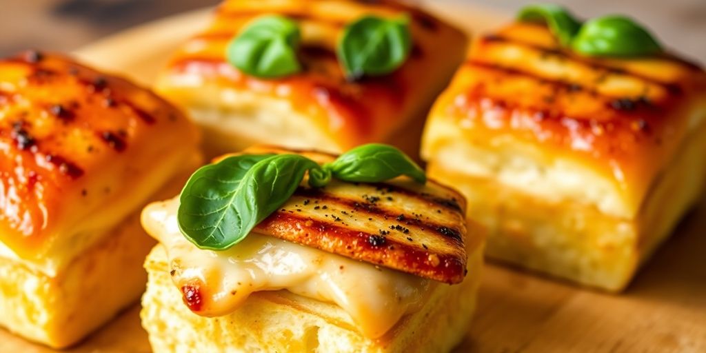 Garlic basil grilled chicken pizza sliders on a wooden table.