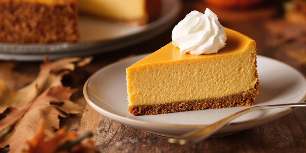 Slice of bourbon pumpkin cheesecake with gingersnap crust.