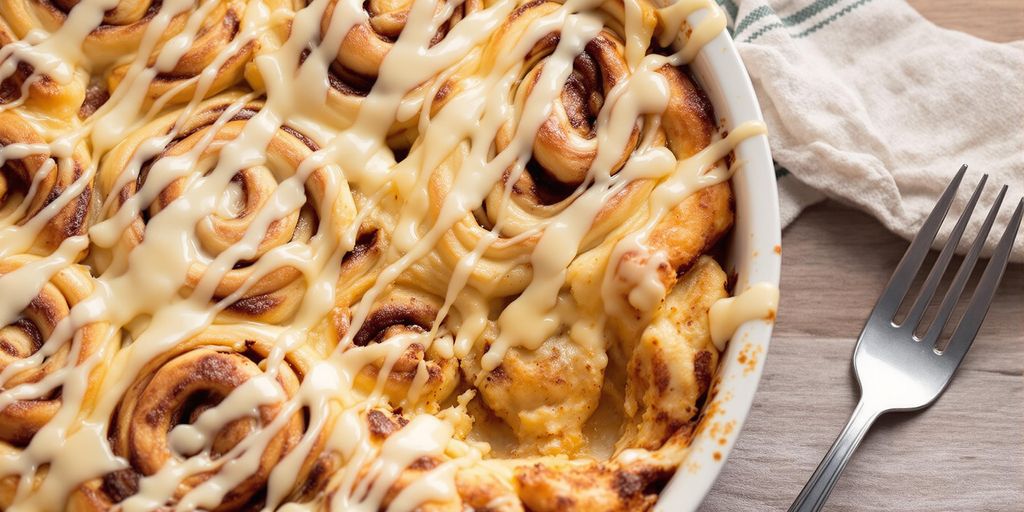 Cinnamon roll casserole topped with creamy icing and cinnamon.