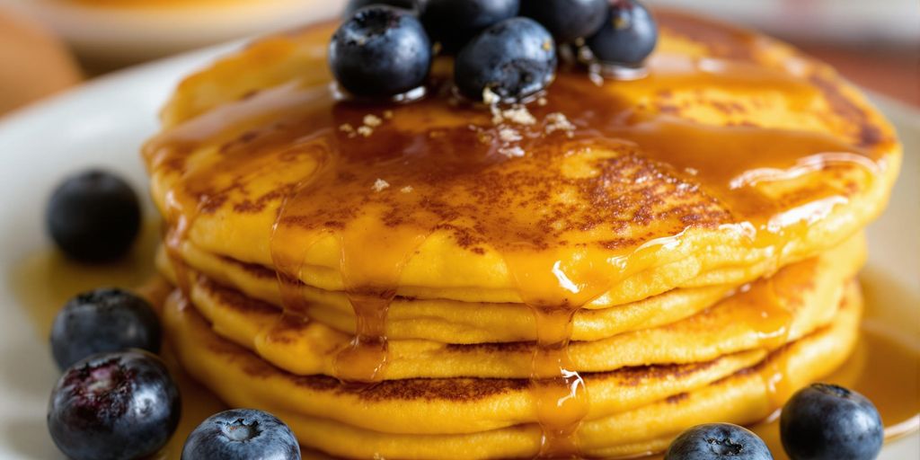 Stack of butternut squash pancakes with blueberries and syrup.