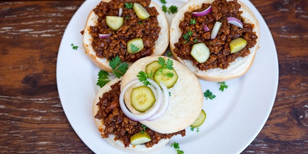 Plate of easy sloppy joes with toppings on buns.