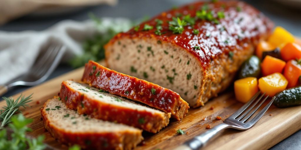 Sliced turkey meatloaf on a wooden cutting board.