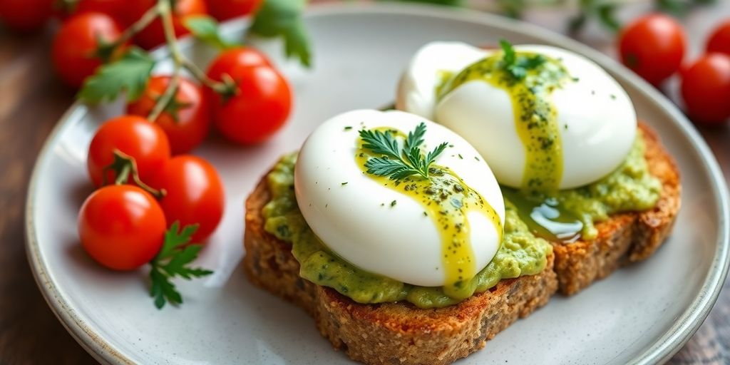 Healthy pesto eggs on toast with cherry tomatoes.