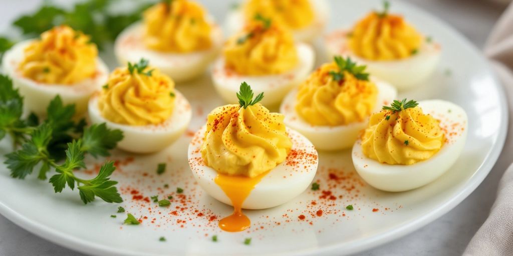 Deviled eggs garnished with paprika and herbs on a platter.