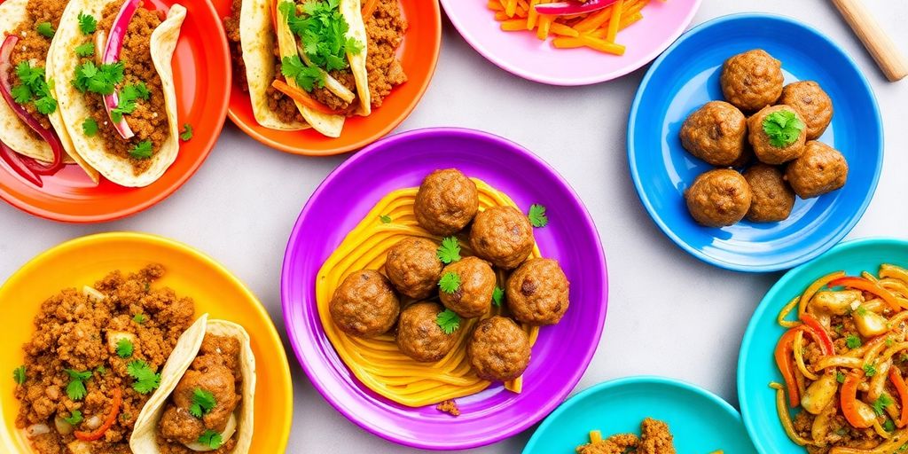 Variety of ground beef lunch dishes on colorful plates.