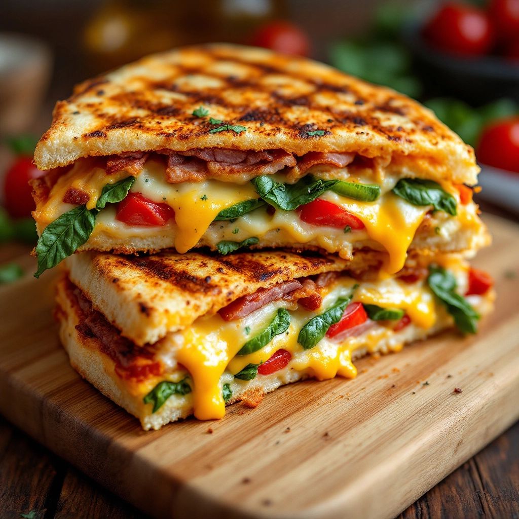 Grilled pizza panini with melted cheese and fresh ingredients.