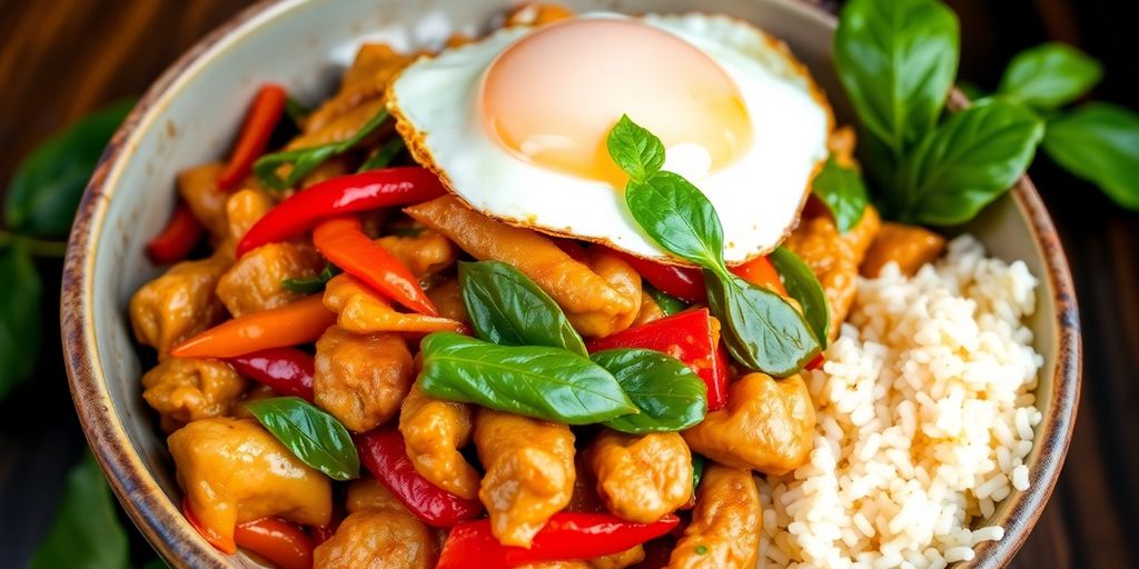 Stir-fried Chicken Krapow with basil and colorful peppers.