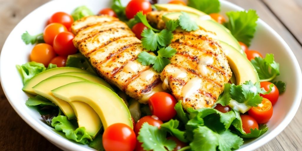 Honey-lime chicken salad with avocado and vibrant vegetables.