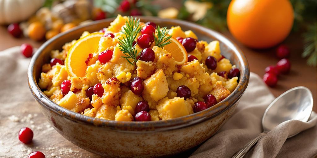 Bowl of cranberry-orange cornbread stuffing with garnishes.