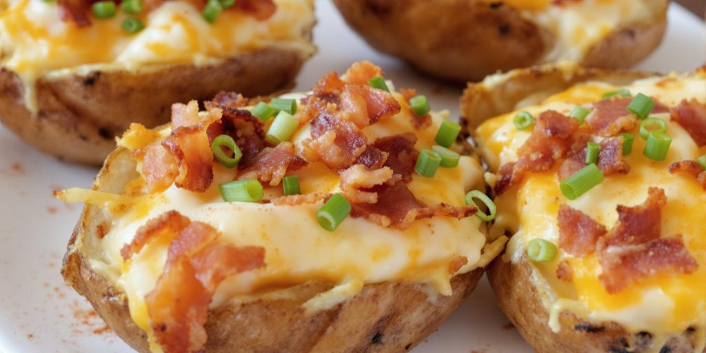 Twice baked potatoes with cheese and bacon on a plate.