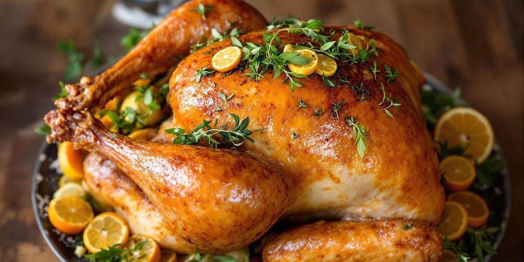 Roasted turkey with herbs and citrus on a wooden table.