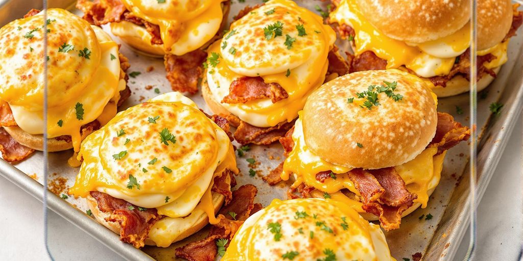 Delicious breakfast sandwiches on a sheet pan.