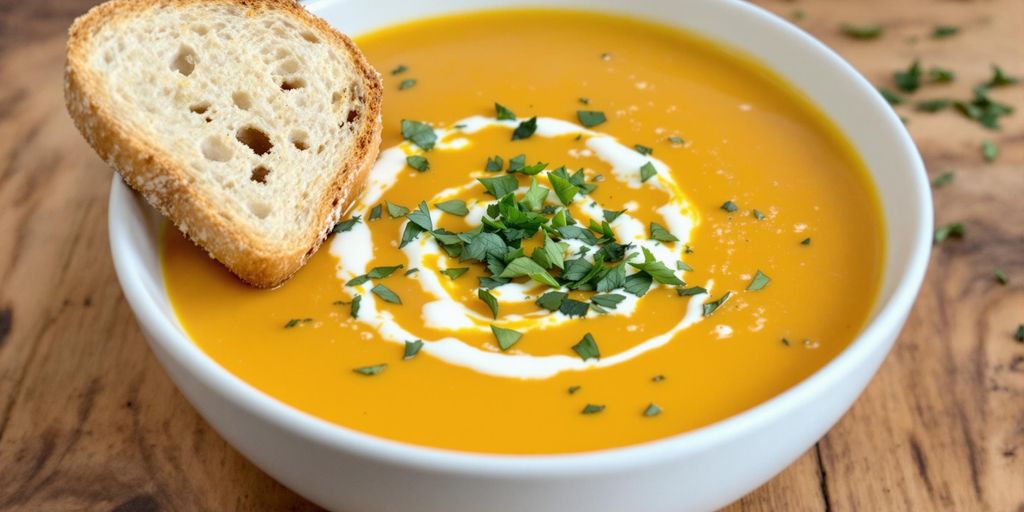 Bowl of roasted butternut squash feta soup with herbs.