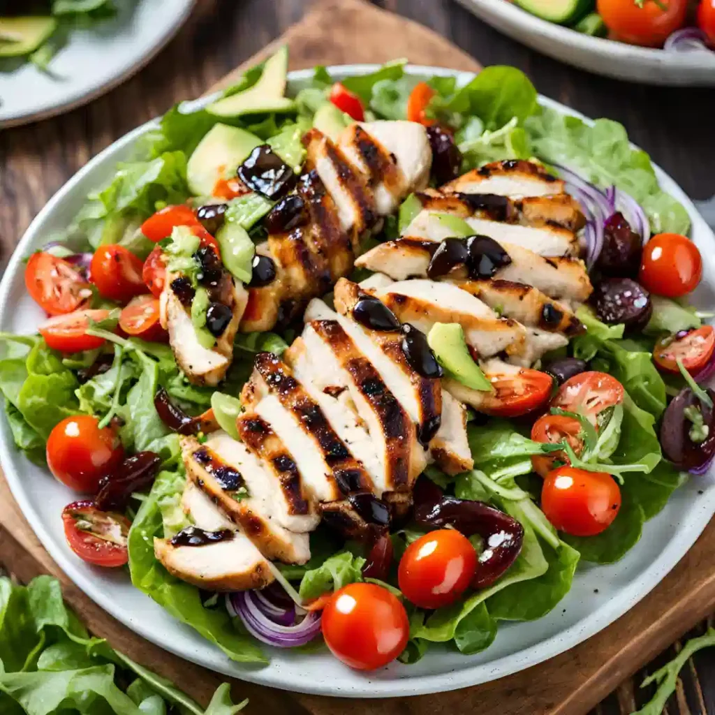 Grilled balsamic chicken served on avocado bruschetta salad