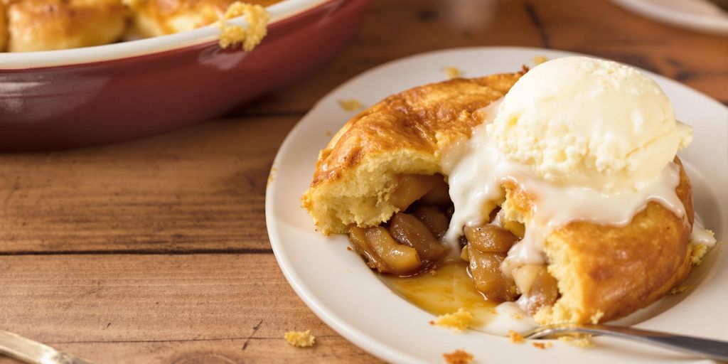 Amish apple dumpling with ice cream on a wooden table.