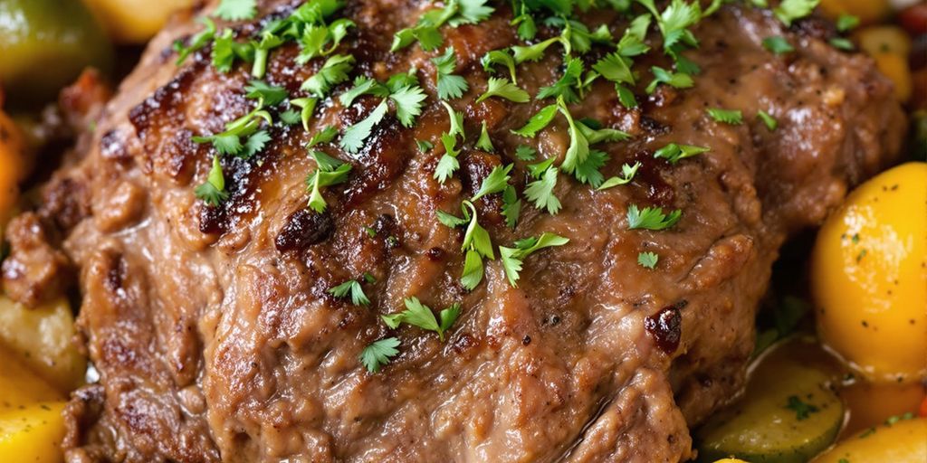 Tender Instant Pot chuck roast with fresh herbs and vegetables.