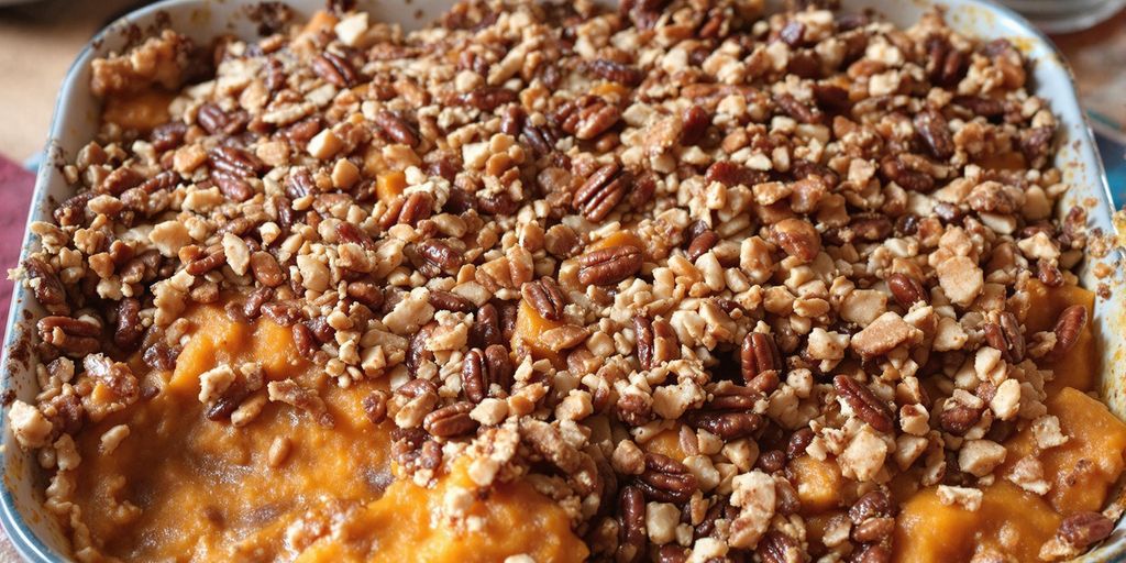 Maple-glazed sweet potato casserole with pecan crumble topping.