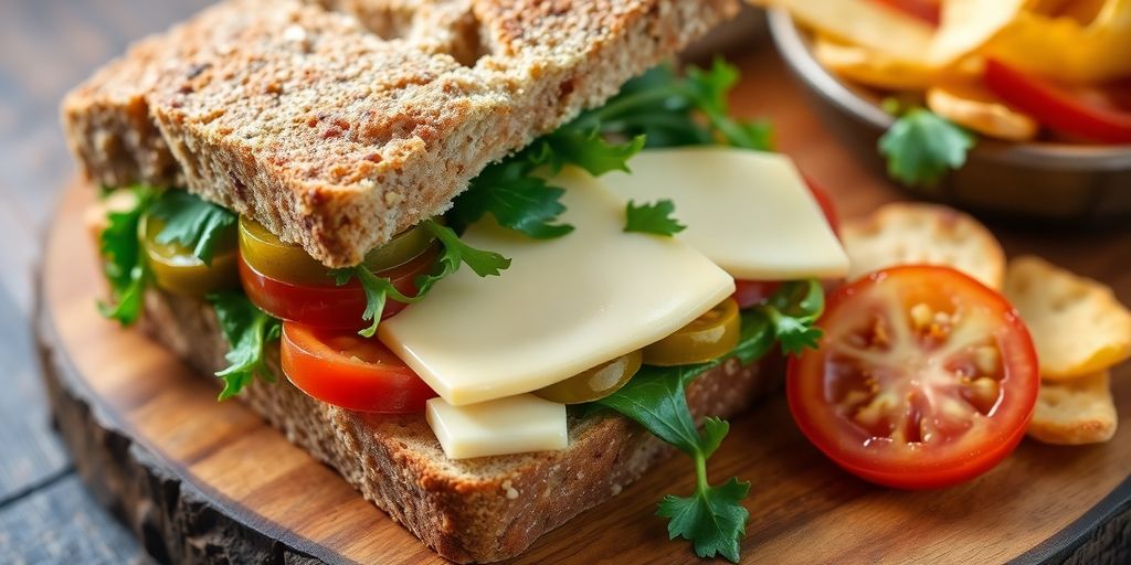 A ploughman’s sandwich with cheese and pickles.