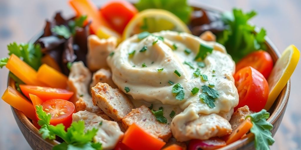 Colorful chicken hummus bowl with fresh vegetables and herbs.