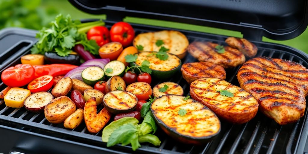 Grilled vegetables and meats on a Traeger grill.