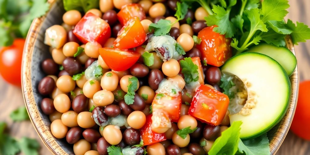 Colorful dense bean salad in a bowl with vegetables.