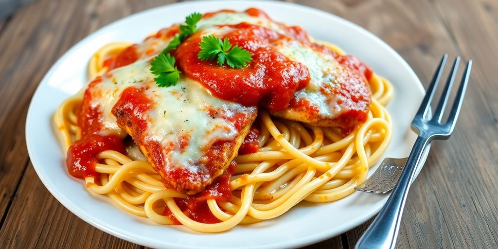 Chicken parmesan pasta with cheese and marinara sauce.