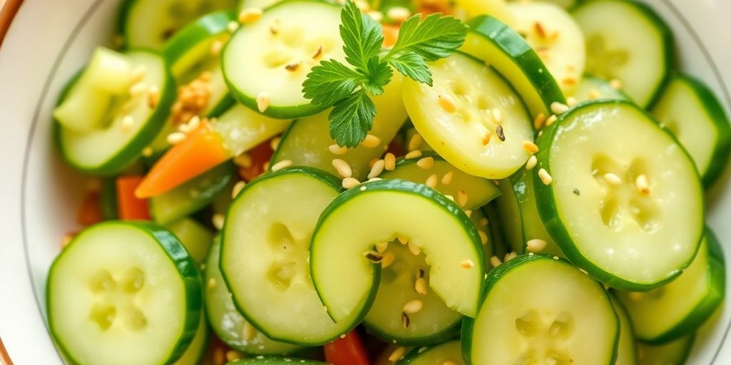 Cucumber salad with sesame seeds and herbs in a bowl.