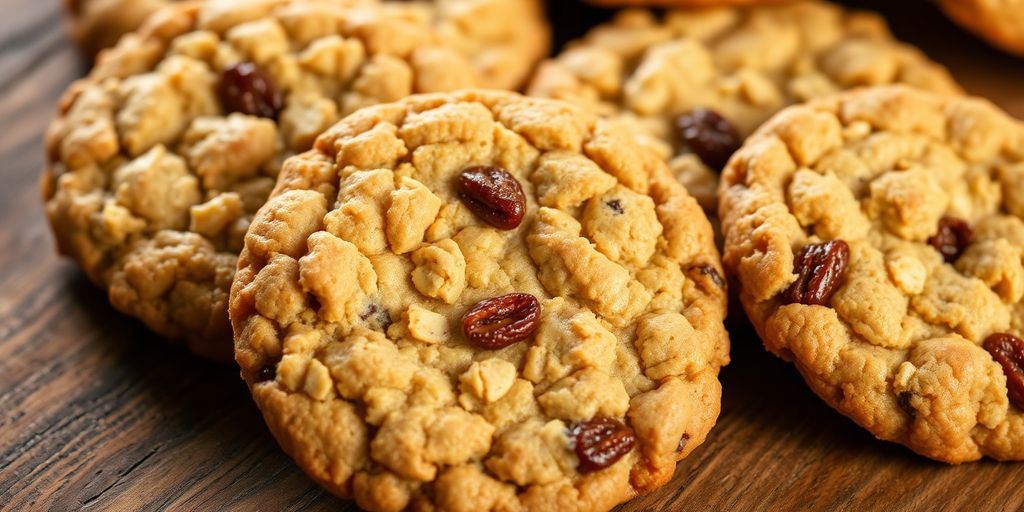 Freshly baked oatmeal raisin cookies on a wooden table.