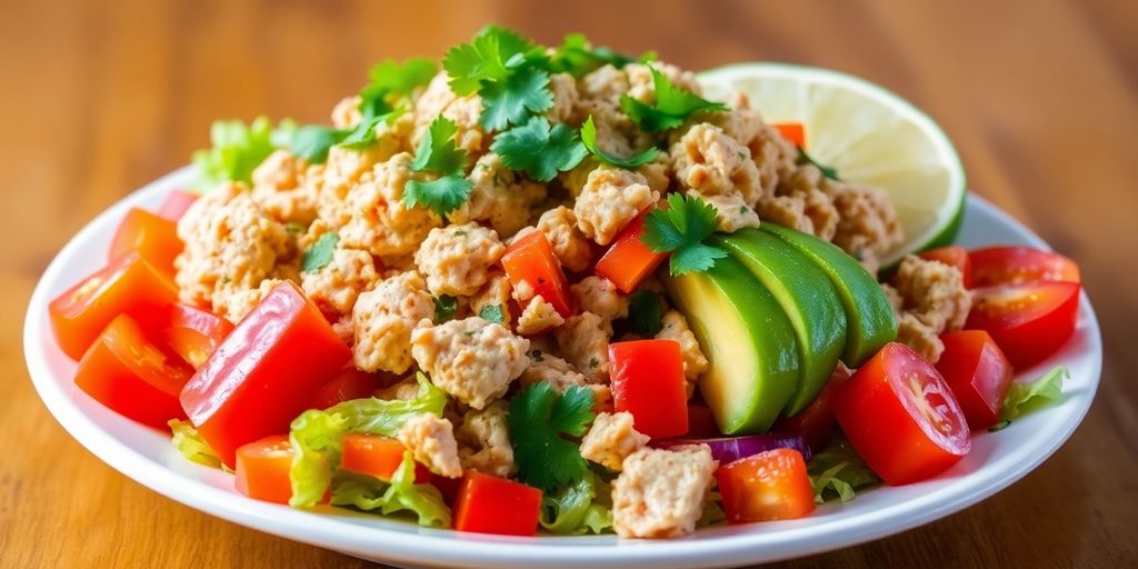 Colorful Mexican tuna salad with fresh ingredients on plate.