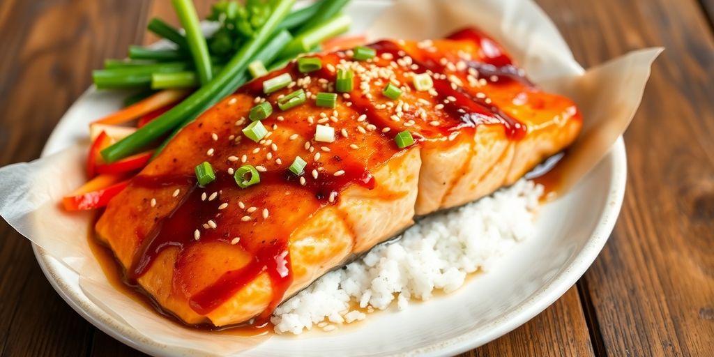 Parchment teriyaki salmon with vegetables on a wooden table.