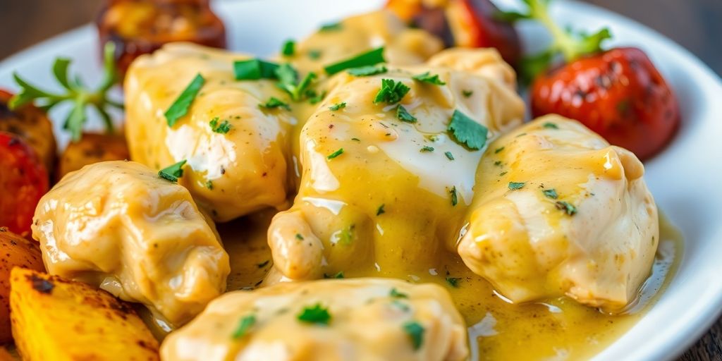 Creamy garlic Dijon chicken with herbs and roasted vegetables.