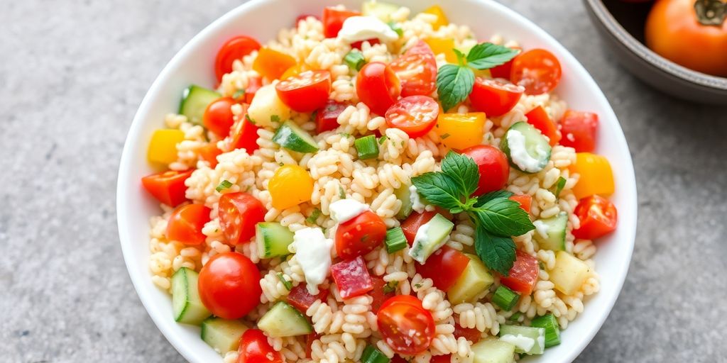 Colorful cold orzo salad with vegetables and creamy mayo.