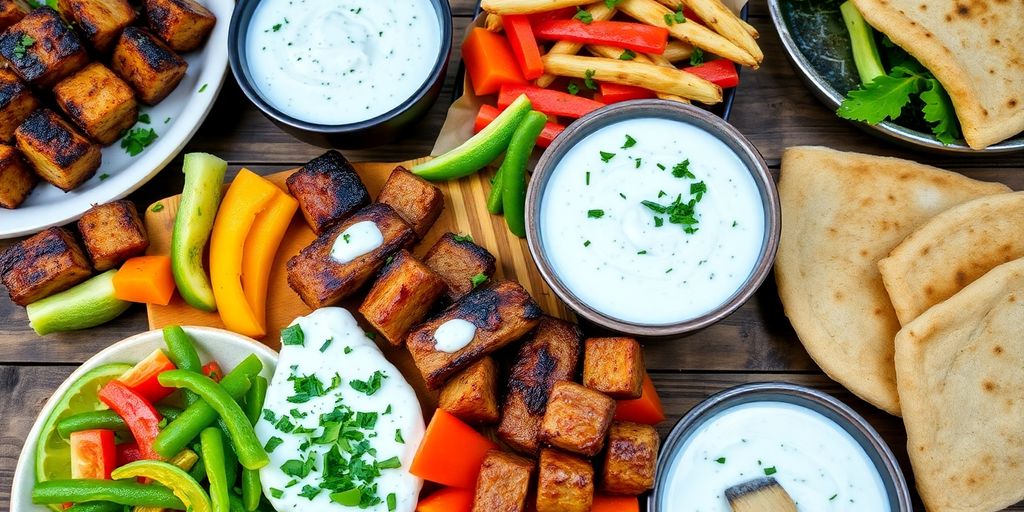 Plates with tzatziki sauce and colorful foods.