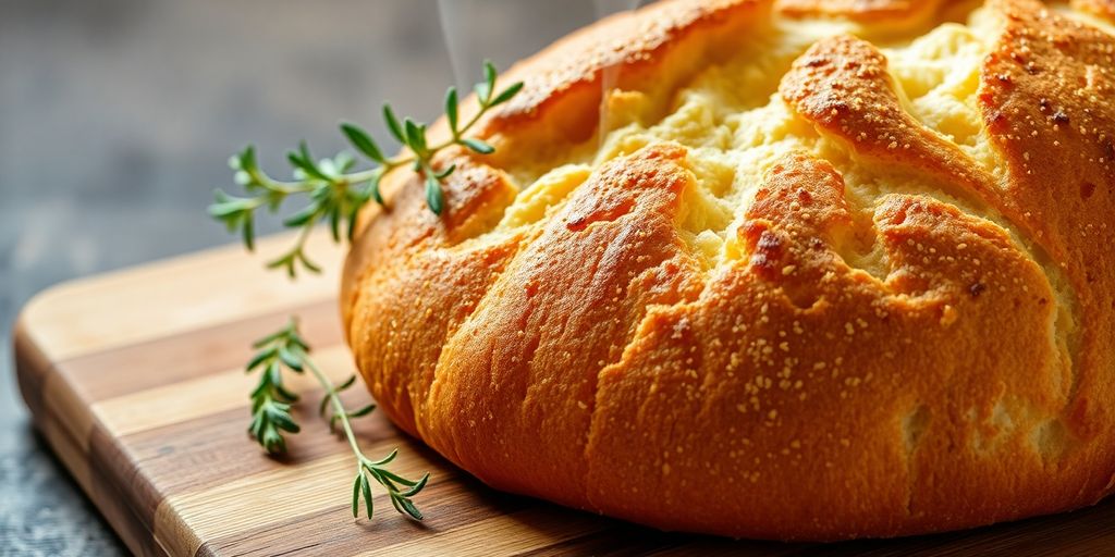 Freshly baked fluffy homemade bread on a cutting board.