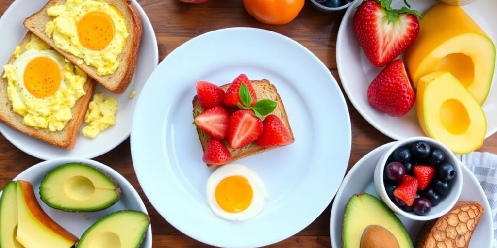 Low FODMAP breakfast spread with eggs and fruits.