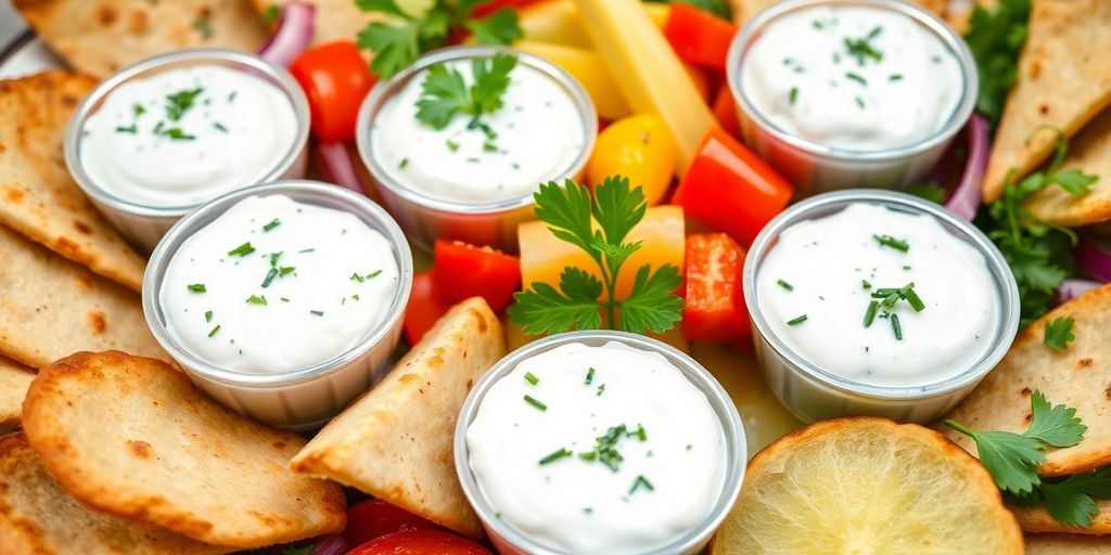 Assorted appetizers served with tzatziki sauce on a platter.