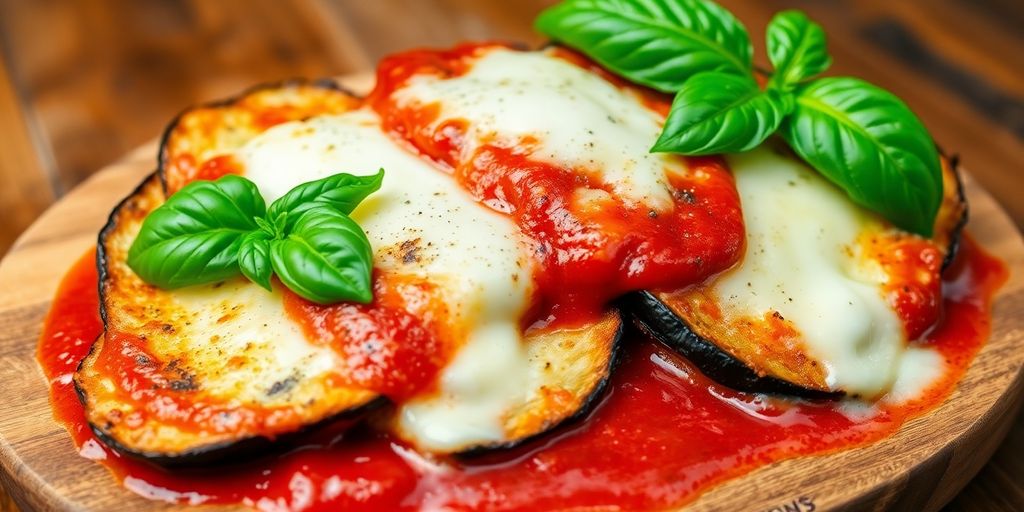 Plate of eggplant parmesan with melted cheese and basil.