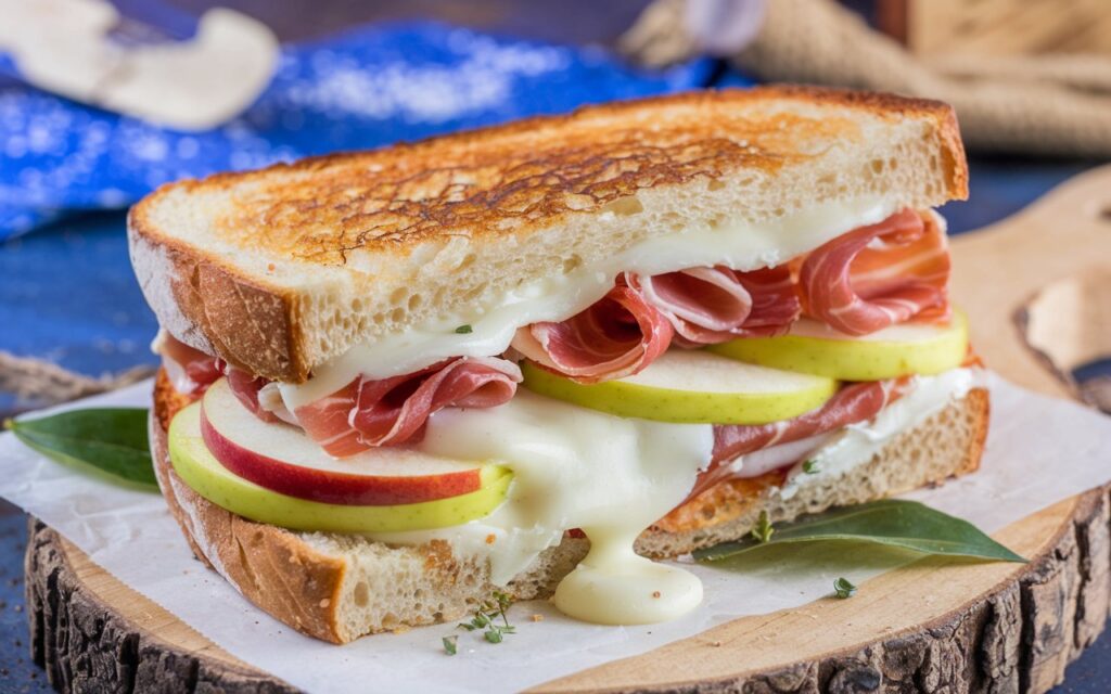 A photo of a gourmet grilled cheese sandwich with brie. The sandwich is made with crusty bread and is filled with melted brie cheese.