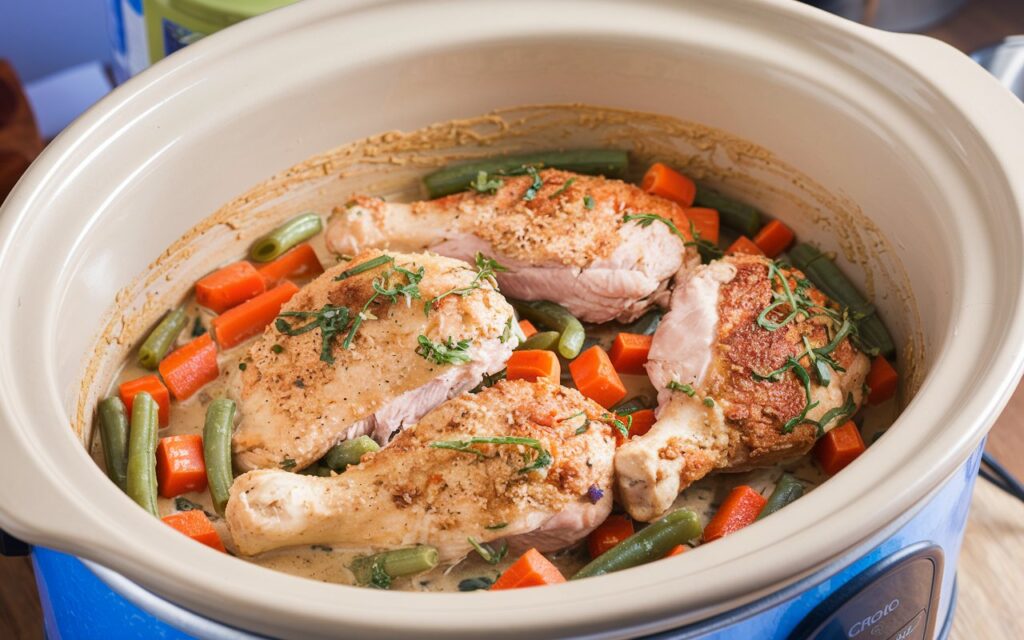 A photo of a delicious frozen chicken crock pot recipe for busy days. The crock pot contains a mixture of frozen chicken pieces, a can of cream of chicken soup, and a packet of dry ranch dressing mix.