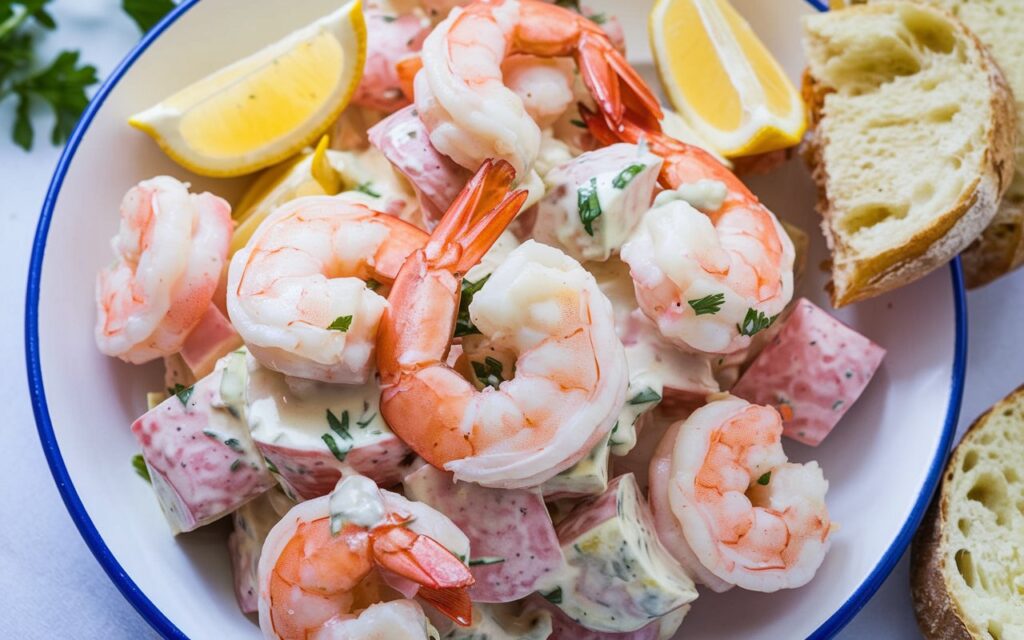 homemade shrimp and potato salad. There are large shrimp and diced potatoes in a light, creamy sauce. The salad is garnished with parsley and lemon wedges.