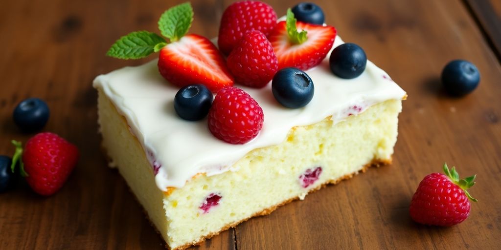 Delicious kefir sheet cake with fresh berries on top.