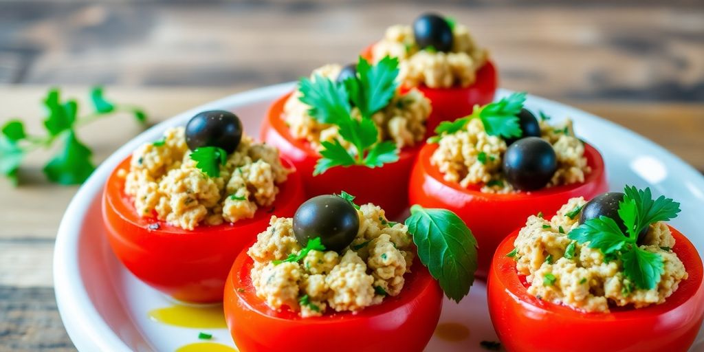 Mediterranean Tuna-Stuffed Tomato Salad on a wooden table.