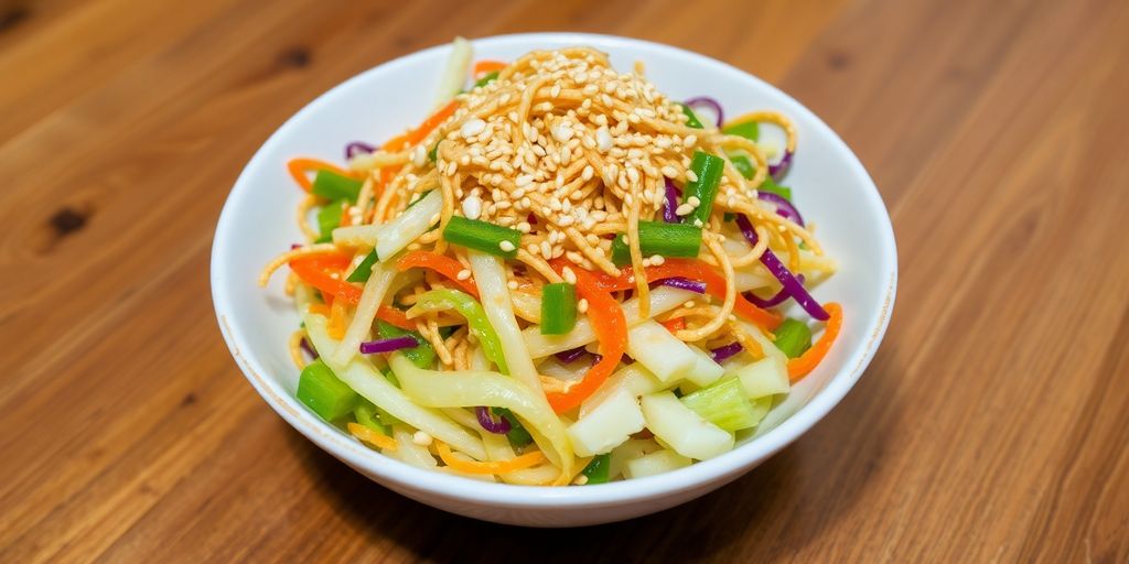 Bowl of Napa cabbage salad with ramen noodles.