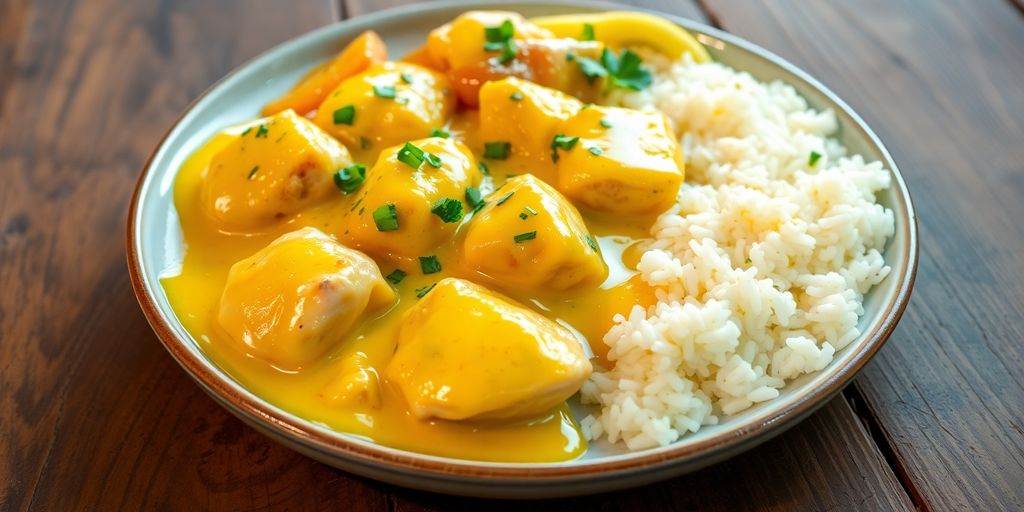 Creamy lemon butter chicken with herbs and rice.