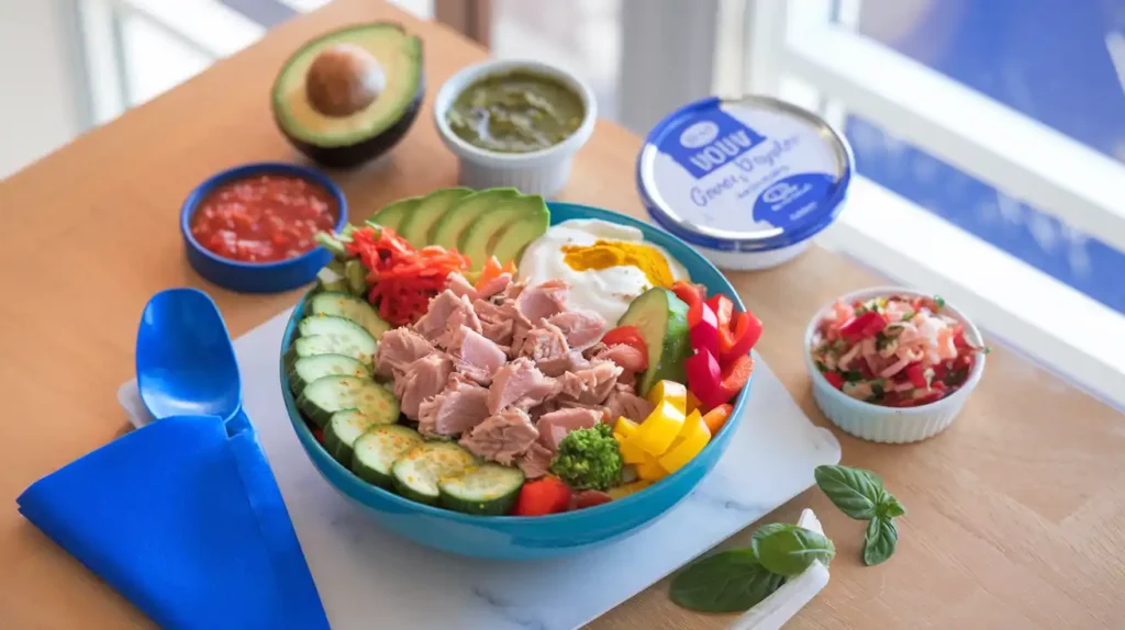 Bowl of canned tuna salad with fresh mix-ins like avocado, Greek yogurt, cucumbers, and bell peppers on a wooden table