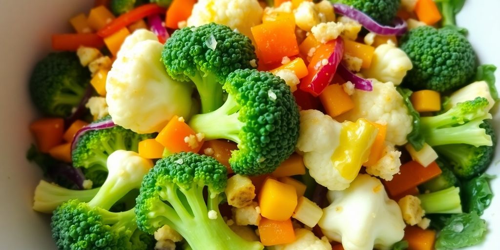 Vibrant broccoli and cauliflower salad in a bowl.