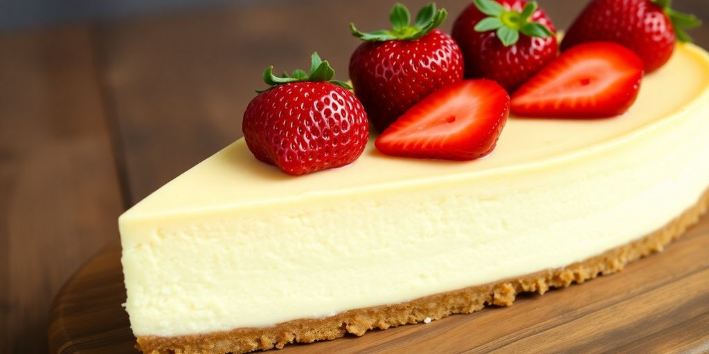 Creamy American cheesecake with fresh strawberries on top.