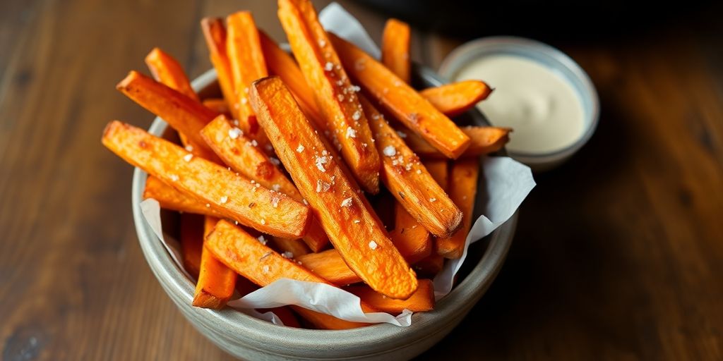 Crispy golden sweet potato fries in a bowl.